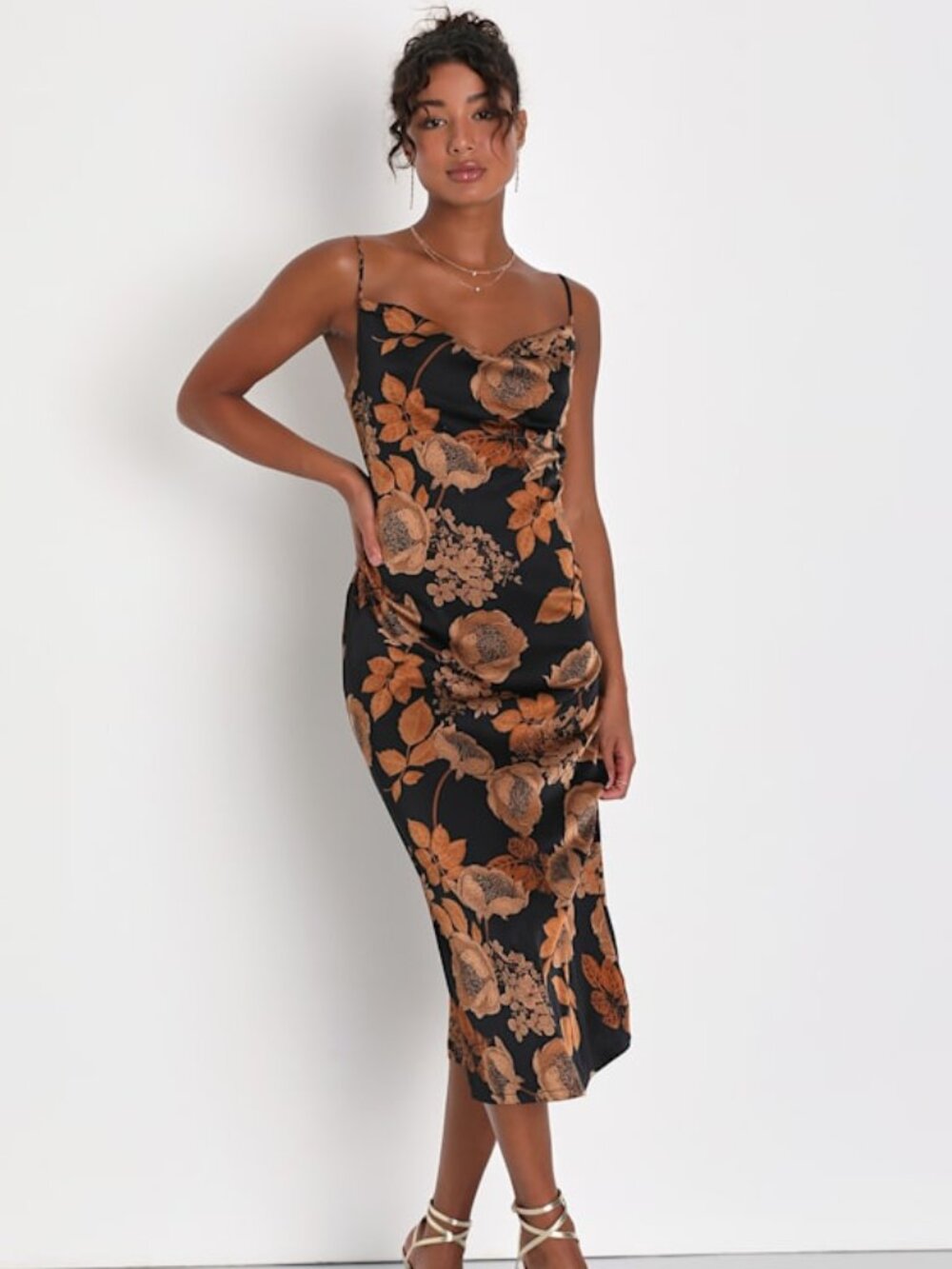Lulus Favorite Icon Black Floral Satin Cowl Neck Slip Midi Dress - Size XS